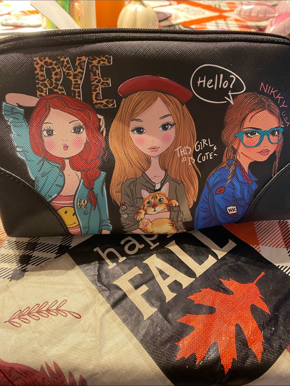Nicole Lee Black Girls Cartoon Print Zip Pouch with Red and Blue Accents